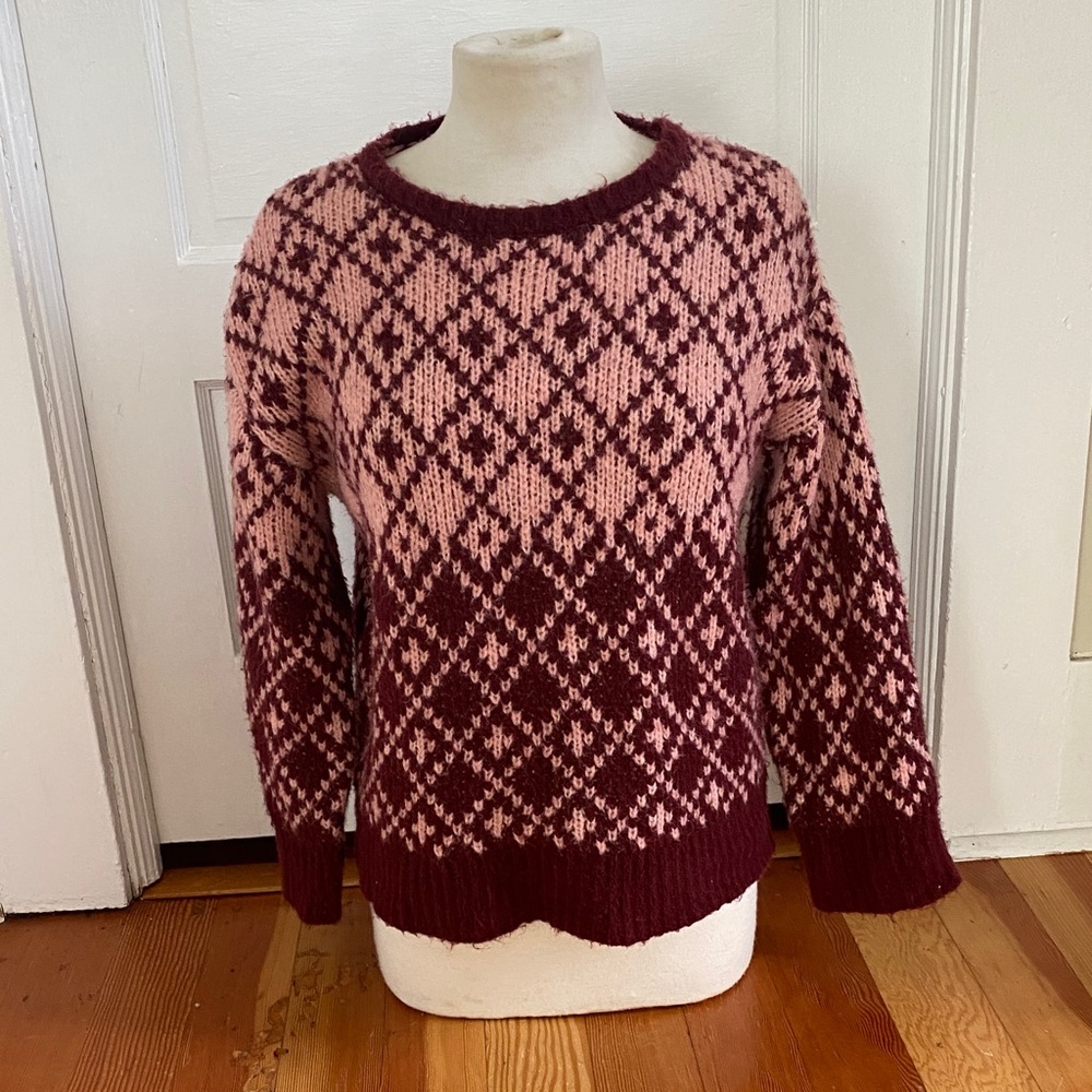 Anthropologie Maeve Pink and Burgundy Patterned‎ Sweater Small